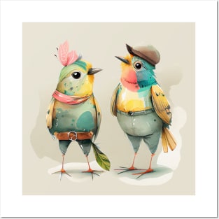 Pair of funny dressed birds Posters and Art